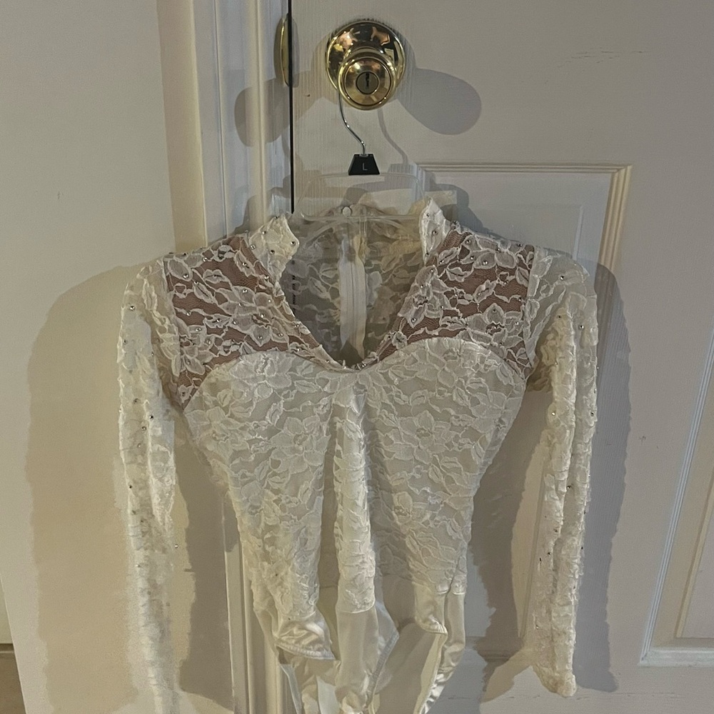 Elegant White Lace Bodysuit Lace Dance Costume Leotard One Piece